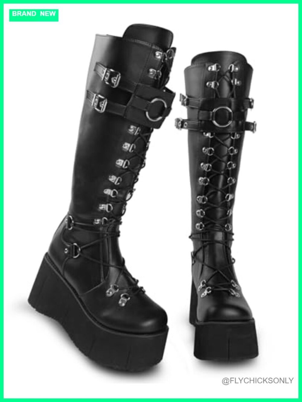 Faux Leather Platform Knee High Boots Chunky Heel Lace Up Combat Gothic